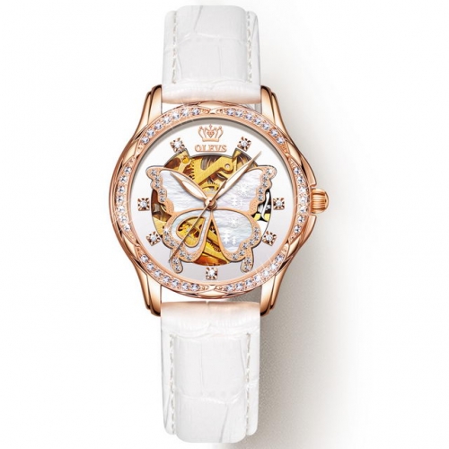 OLEVS butterfly pattern diamond inlaid hollow out dial leather strip automatic ladies watch