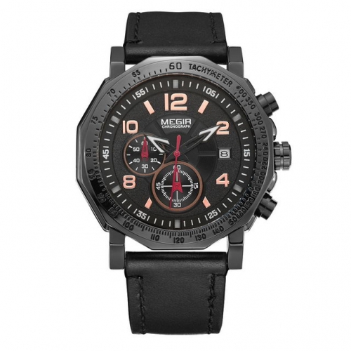 MEGIR Sport Leisure Versatile Multi-function Leather Strap Luminous Waterproof Men's Quartz Watch