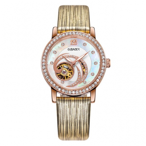 OUBAOER Exquisite Diamond Inlaid Hollow Shell Dial Textured Leather Strap Luminous Automatic Ladies Watch