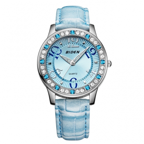 BIDEN Light Luxury Diamond Inlaid Textured Dial Elegant Leather Strap Korean Style Quartz Ladies Watch