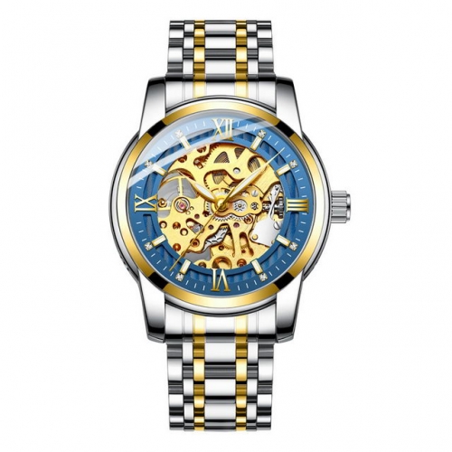 BIDEN Exquisite Hollowed Dial Steel Strap Luxury Diamond Inlaid Waterproof Automatic Men's Watch