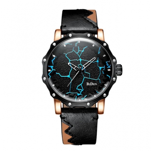 BIDEN Personality Lightning Pattern Textured Dial Fashion Waterproof Leather Strap Quartz Men's Watch